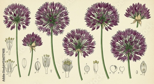 Vintage botanical illustration of Allium flowers and detailed floral anatomy