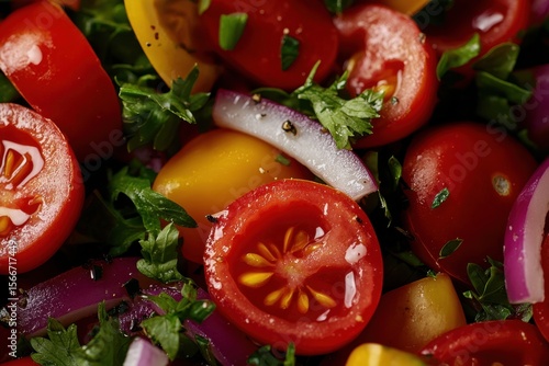 A bowl of mixed vegetables including tomatoes, onions, and peppers