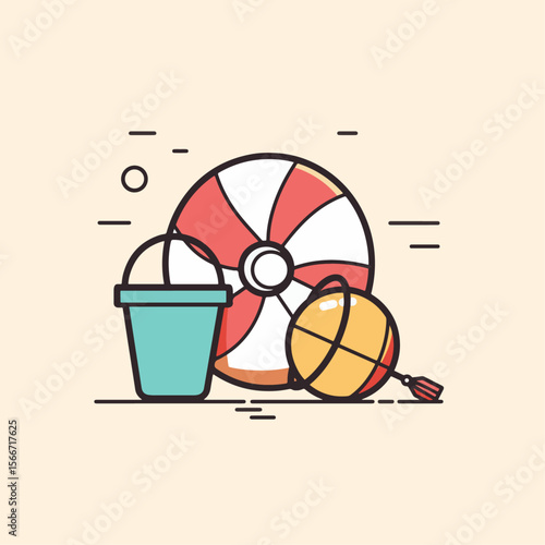 Beach Ball and Bucket Line Icon – Minimal Vector Illustration of Summer Toys, Playful Holiday Fun, and Seaside Essentials for Kids and Vacation Design
