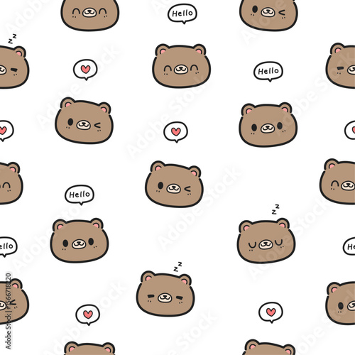 Seamless pattern background with cute bear face cartoon doodle on white, Childish animal pattern for kids