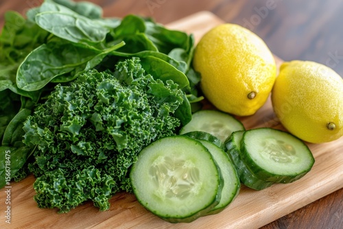 A wooden cutting board with a variety of vegetables including cucumbers, spinach