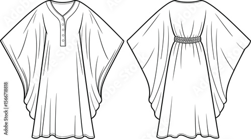 Girls kaftan dress, poncho style tunic, kids flowy dress, button front, elastic back waist, children’s fashion sketch, vector flat, front back view