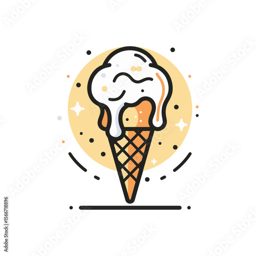 Minimal Line Icon of Melting Ice Cream Cone – Fun Summer Dessert Symbol for Hot Weather, Food Design, and Seasonal Illustrations