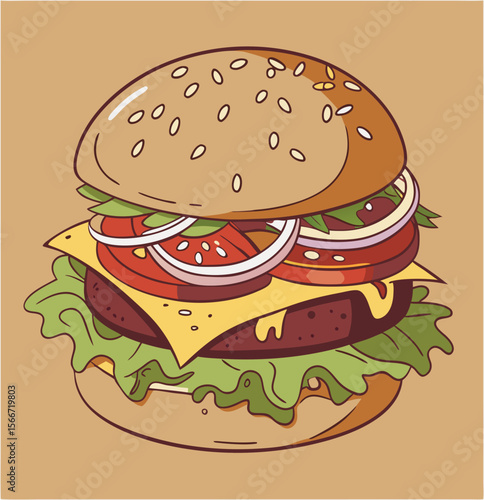 Hamburger: Hamburger vector art illustration. hamburger vector icon. Delicious vector art depicting a classic hamburger with layers of meat, cheese, fresh vegetables. vector illustration fast food.