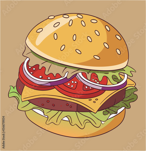 Hamburger: Hamburger vector art illustration. hamburger vector icon. Delicious vector art depicting a classic hamburger with layers of meat, cheese, fresh vegetables. vector illustration fast food.