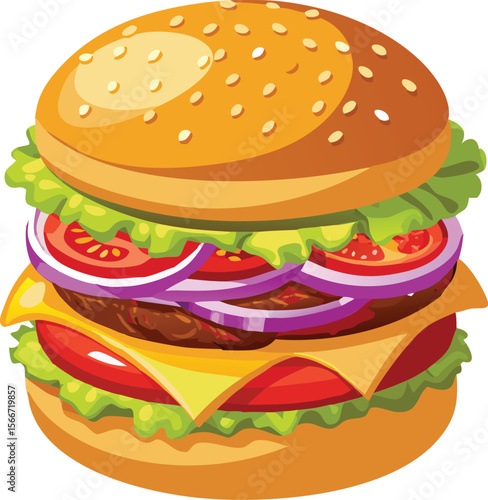 Hamburger: Hamburger vector art illustration. hamburger vector icon. Delicious vector art depicting a classic hamburger with layers of meat, cheese, fresh vegetables. vector illustration fast food.