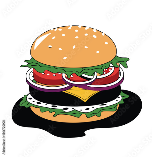 Hamburger: Hamburger vector art illustration. hamburger vector icon. Delicious vector art depicting a classic hamburger with layers of meat, cheese, fresh vegetables. vector illustration fast food.