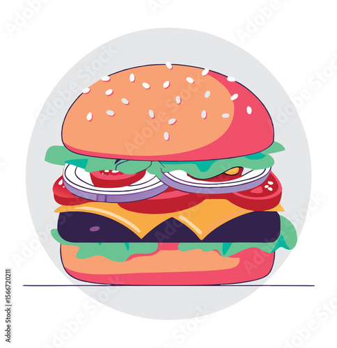 Hamburger: Hamburger vector art illustration. hamburger vector icon. Delicious vector art depicting a classic hamburger with layers of meat, cheese, fresh vegetables. vector illustration fast food.