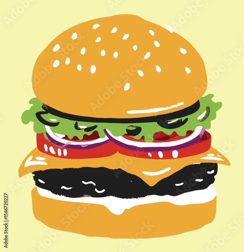 Hamburger: Hamburger vector art illustration. hamburger vector icon. Delicious vector art depicting a classic hamburger with layers of meat, cheese, fresh vegetables. vector illustration fast food.