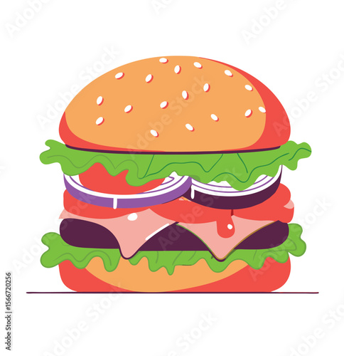 Hamburger: Hamburger vector art illustration. hamburger vector icon. Delicious vector art depicting a classic hamburger with layers of meat, cheese, fresh vegetables. vector illustration fast food.