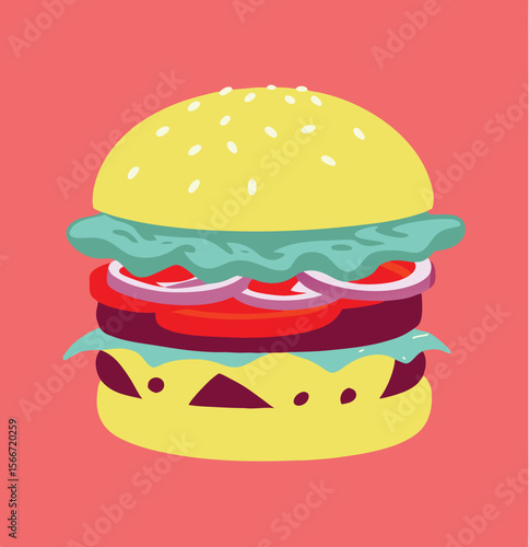 Hamburger: Hamburger vector art illustration. hamburger vector icon. Delicious vector art depicting a classic hamburger with layers of meat, cheese, fresh vegetables. vector illustration fast food.
