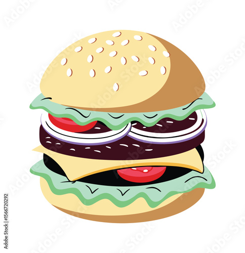 Hamburger: Hamburger vector art illustration. hamburger vector icon. Delicious vector art depicting a classic hamburger with layers of meat, cheese, fresh vegetables. vector illustration fast food.