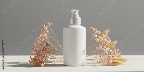 White cosmetic bottle mockup with pump dispenser and flowers for beauty product presentation design