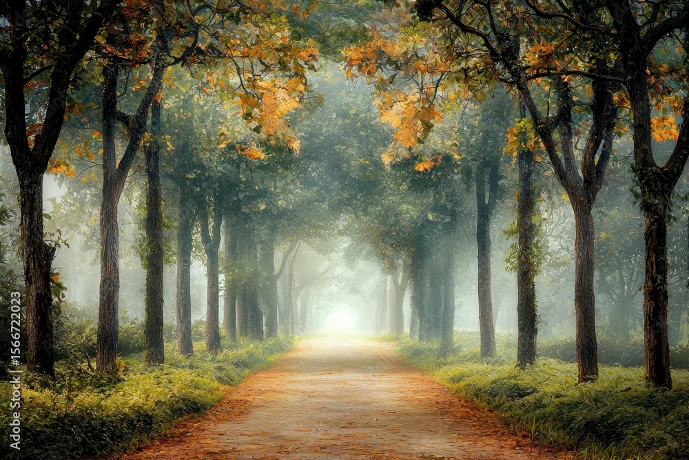 Fototapeta premium A path through a forest with trees on either side