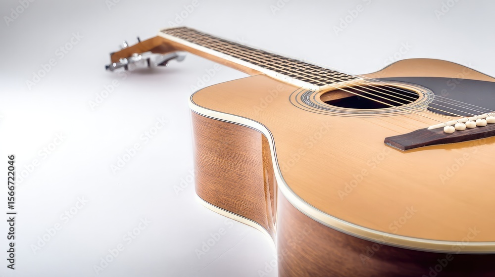 Fototapeta premium A single acoustic guitar isolated on white, showcasing detailed craftsmanship in a studio setting.