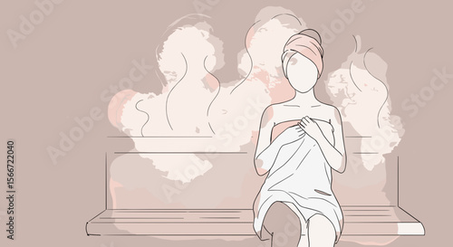 Line art of woman sitting on bench in spa with steam background  