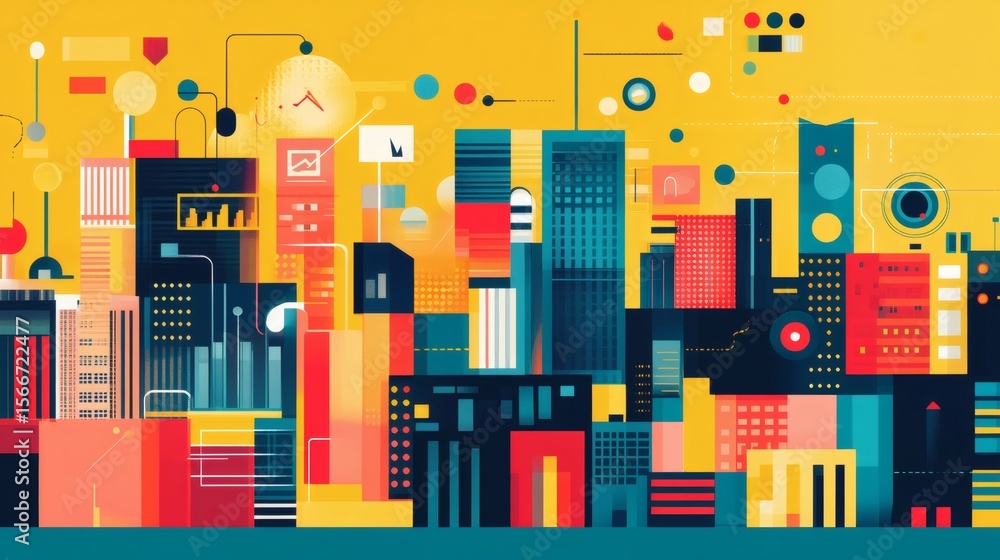 Fototapeta premium Abstract cityscape illustration with geometric shapes and vibrant colors, depicting a modern and technological city.