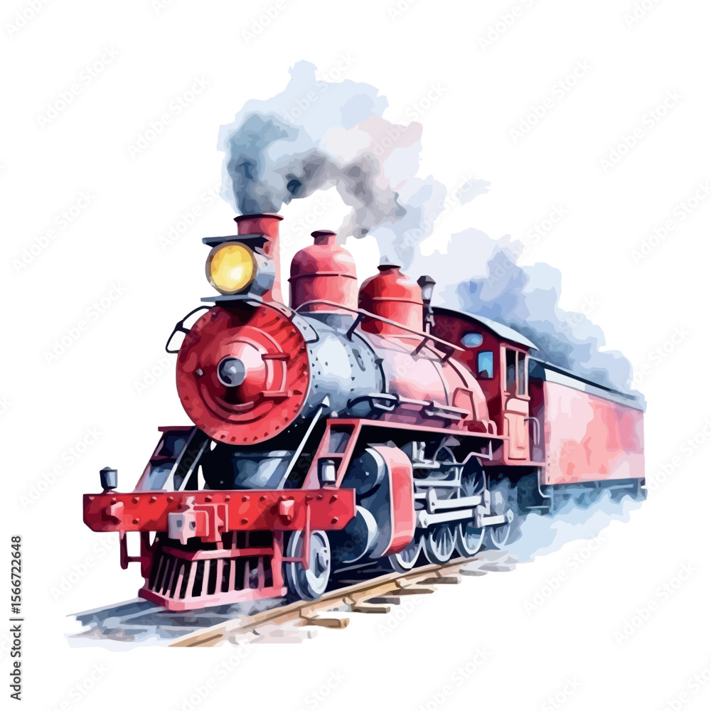 Obraz premium Vintage red steam locomotive engine on a mountain railway track