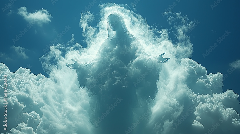 Naklejka premium Holy Virgin Mary Shaped in Clouds. Generative AI