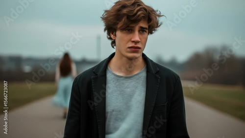 Sad Young Man Holding a Single Red Rose - A young man with brown, wavy hair stands on a road holding a single red rose, looking downcast.