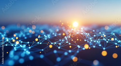 Wallpaper Mural Abstract network connection with blue dots and lines on golden hour background. Global internet communication. Torontodigital.ca