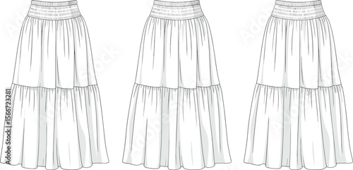 Women’s gathered skirt, two-tier skirt, elastic waistband, fashion flat, boho midi skirt, front view, layered skirt, digital sketch, vector fashion