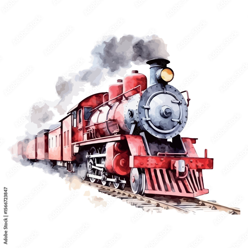 Obraz premium Vintage steam locomotive on a forest railway track, spewing smoke and power