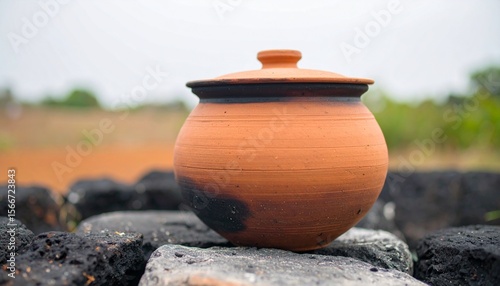 Rustic terracotta clay pot with lid rests on dark volcanic rocks outdoors, symbolizing traditional craftsmanship and cultural heritage.  This earthen vessel evokes themes of home cooking, connection 