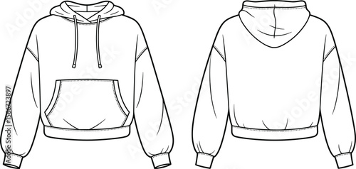 Women’s hoodie, cropped sweatshirt, fashion flat, front and back view, kangaroo pocket, cuffed sleeves, drawstring hoodie, pullover vector, apparel sketch, hoodie template