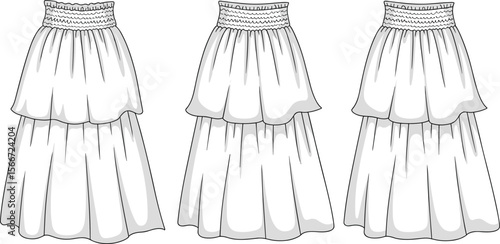 Women’s tiered skirt, boho long skirt, fashion flat, elastic waistband, layered skirt, ruffle hem, front view, gathered skirt, digital sketch, apparel template