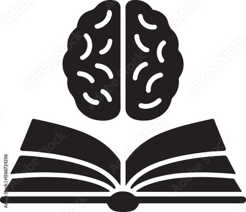 Silhouette of an open book with a brain, symbolizing mental education, knowledge, and learning growth. EPS vector.