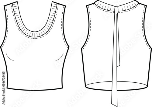 Sleeveless crop top, tie back blouse, scoop neck tank, pleated neckline, front and back, fashion flat sketch, women’s top vector, garment drawing