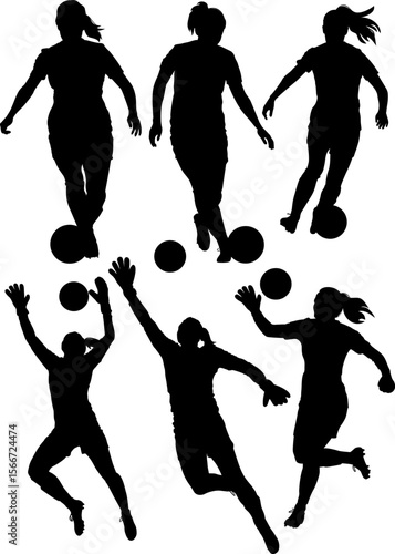 set of silhouettes of female football players and goalkeepers.eps