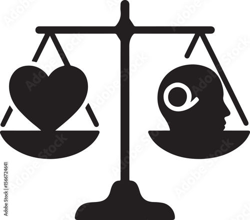 Silhouette of heart and head balanced on a scale, symbolizing emotional and mental balance, harmony. EPS file.