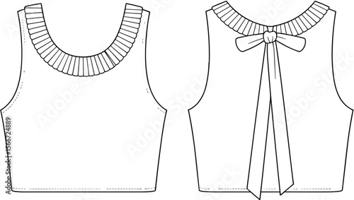 Sleeveless top, bow back blouse, pleated neckline crop top, front and back, fashion flat sketch, women’s top vector, technical garment drawing