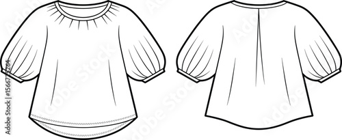 Women’s puff sleeve top, curved hem blouse, gathered neckline shirt, flat fashion sketch, front and back, technical drawing, garment vector, sewing illustration