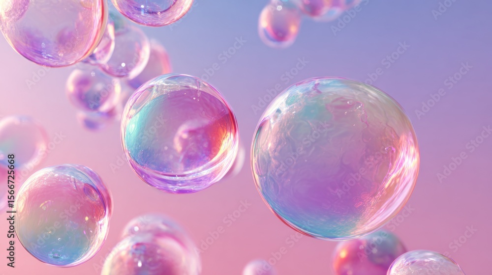 Iridescent bubbles floating on soft pink purple gradient background Iridescent bubbles floating on soft pink purple gradient background