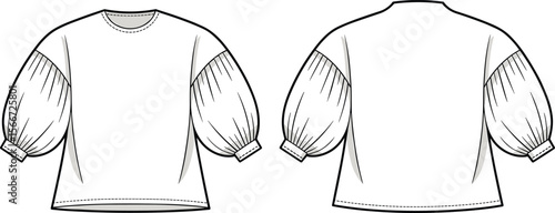 Women’s puff sleeve top, balloon sleeve blouse, fashion flat sketch, technical drawing, round neck shirt, front and back, garment vector, sewing design