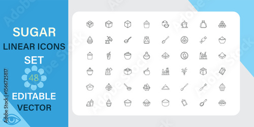 Set of 48 editable vector linear icons related to sugar, sweets, and related industry. Includes various symbols and designs.