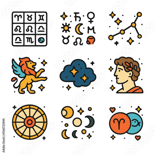 Zodiac nine colorful astrology symbols and icons suitable for horoscope websites, social media posts, and astrologyrelated designs.