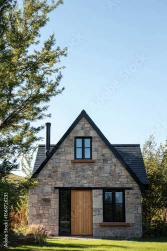 Wallpaper Mural Charming stone house nestled among green trees, showcasing a blend of rustic and modern design in a serene rural setting on a sunny day Torontodigital.ca