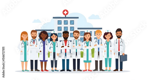 Group of smiling medical professionals and healthcare team standing