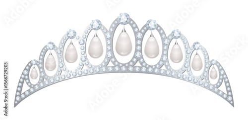 Silver tiara with white pearls teardrops and diamonds for princess.