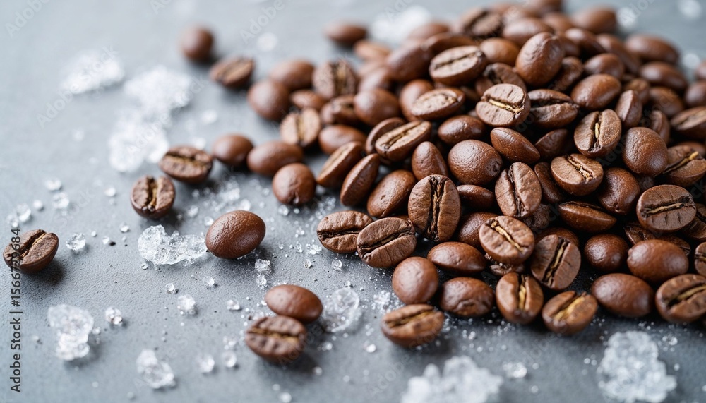 Coffee beans scattered on grey background with salt crystals. National Coffee Day Coffee beans scattered on grey background with salt crystals. National Coffee Day