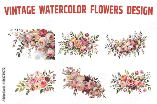 Vintage watercolor flowers design bundle
