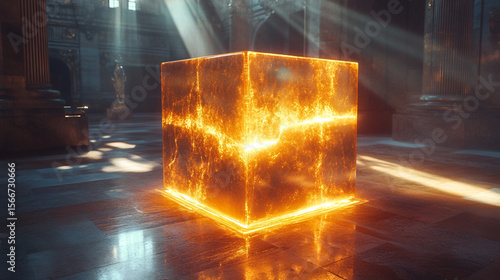Glowing cube in ornate cathedral interior with light rays