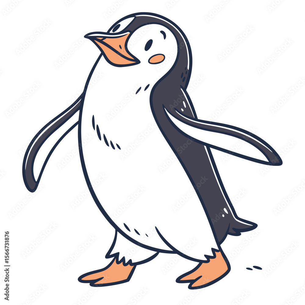 Fototapeta premium Cute cartoon penguin walking with orange feet and beak animal bird