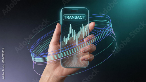 Hand holding transparent smartphone displaying financial chart and transact button