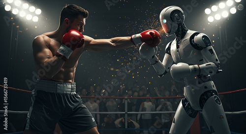 Male boxer fighting a robot in a boxing ring, concept of human versus artificial intelligence in sport and competition.