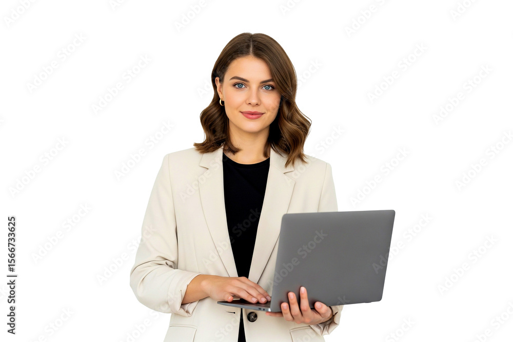 young beautyful business woman with laptop on transparent young beautyful business woman with laptop on transparent